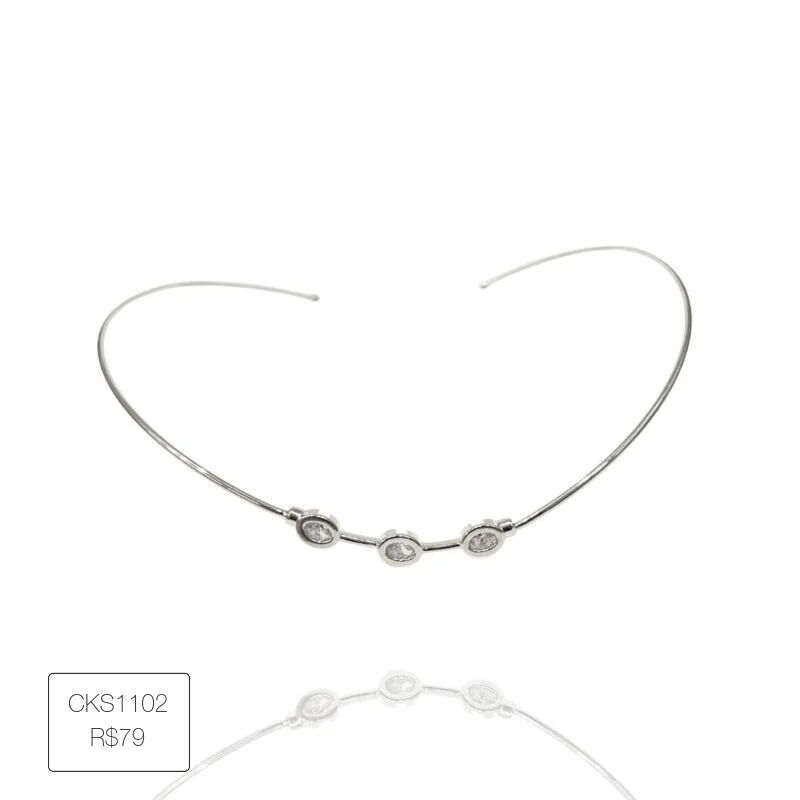 Choker Rigida Tres Zirconias Ovais Esplendor Prateado